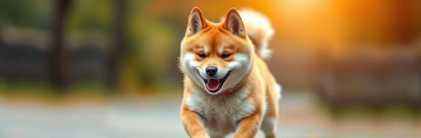Happy shiba inu runs through a park during a sunset, showcasing its playful demeanor and energy photo