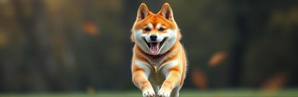 Energetic Shiba Inu running joyfully through a park during autumn photo