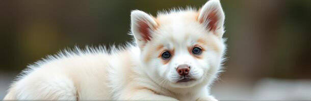 Cute white and tan puppy lying down outdoors on a sunny day in a serene environment photo