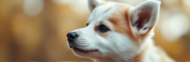 Young corgi puppy sitting outdoors on a sunny day with a beautiful blurred background full of autumn colors photo