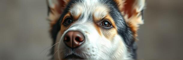 Beautiful dog looks curiously with focused eyes in a cozy indoor setting during daylight hours photo