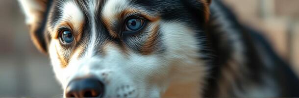 Husky puppy with striking blue eyes in close-up during sunny afternoon outdoors in a garden setting photo