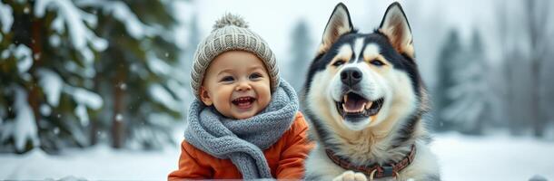 Smiling child and husky dog enjoying snowy winter day in a forest setting photo