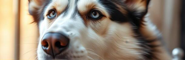Beautiful husky with striking blue eyes gazes thoughtfully in a cozy indoor setting during the afternoon photo