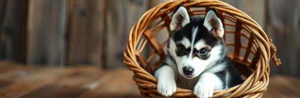 Cute husky puppy resting in a woven basket in a cozy indoor setting photo