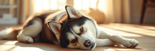 Relaxed husky dog resting peacefully on the warm floor while sunlight streams through the window photo