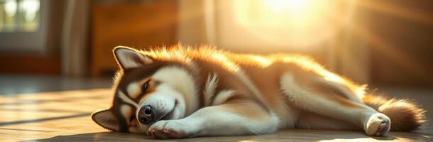 Sunlight streaming through a window showcases a peaceful dog sleeping on a warm floor photo