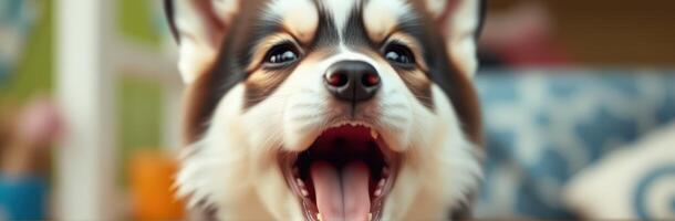 Happy dog shows excitement in playful indoor setting with colorful decor photo