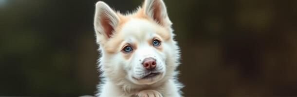 Cute young dog with light fur and attentive expression in outdoor setting photo