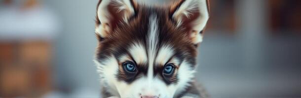 Playful husky puppy with striking blue eyes enjoying time outdoors in warm sunlight photo