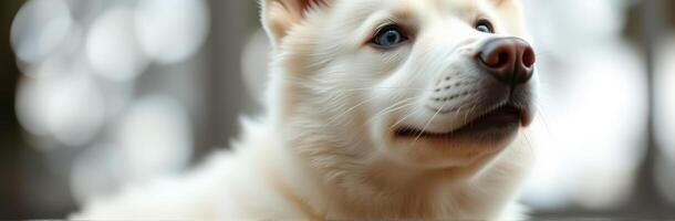 Fluffy white dog enjoying a sunny day in a natural setting surrounded by greenery photo