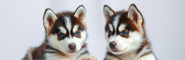 Two playful husky puppies sitting together in a cozy indoor space during a bright afternoon photo