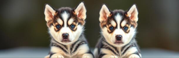 Two adorable husky puppies sitting side by side on a smooth surface in a soft outdoor light photo