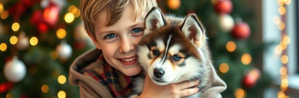 Boy joyfully holds a puppy in front of a beautifully decorated Christmas tree with holiday lights photo
