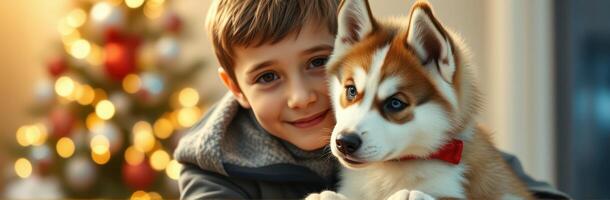 Young boy smiling with a puppy at home during the holiday season by the decorated Christmas tree photo