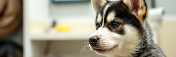 Adorable husky puppy exploring a cozy indoor environment during early morning hours photo
