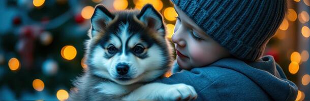 Child and puppy share a joyful moment during festive celebration with glowing decorations photo