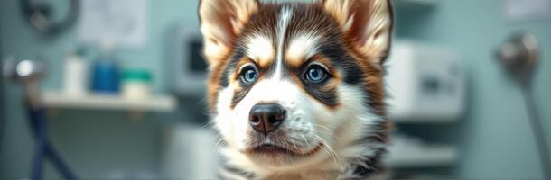 Adorable fluffy puppy waiting patiently at the veterinary clinic for a checkup and vaccination photo