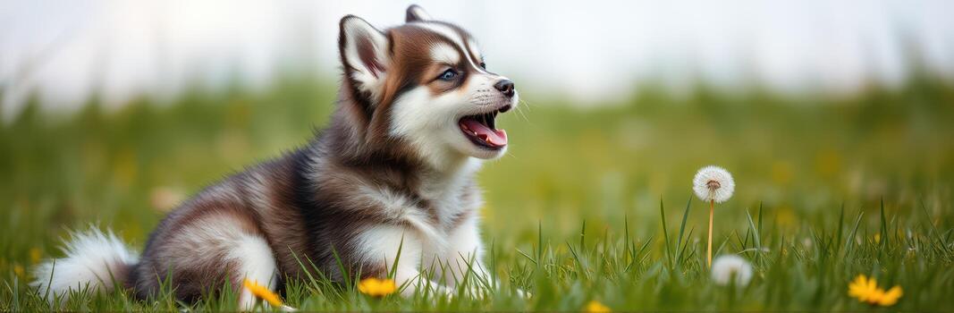 Cute puppy enjoying a sunny day in a field full of flowers and dandelions during spring photo