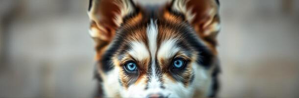 Beautiful brown and white puppy with striking blue eyes looking directly at the camera in a blurred background photo