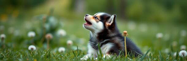 Cute puppy playing in a vibrant green meadow filled with dandelions on a sunny day photo