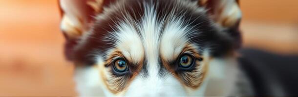Cuddly corgi puppy with striking eyes looking playfully at the camera in a warm outdoor setting on a sunny day photo
