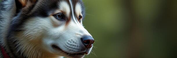 Portrait of a husky dog in a serene forest setting during golden hour photo