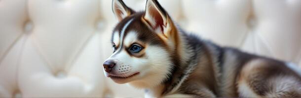 Cute husky puppy resting on a stylish cream-colored sofa in a cozy indoor setting during daylight photo