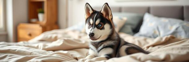 Husky puppy resting comfortably on a bed in a cozy room with natural light streaming through the window photo