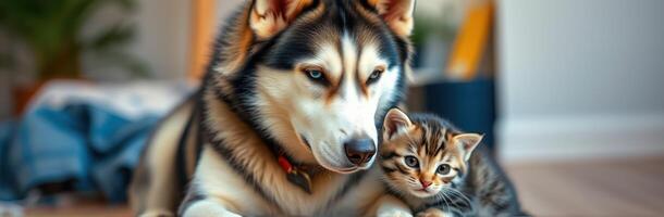 Dog and kitten cuddling together on a cozy rug in a sunlit living room photo