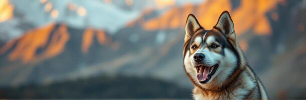 Majestic dog poses against a stunning mountain backdrop during golden hour in the wilderness photo