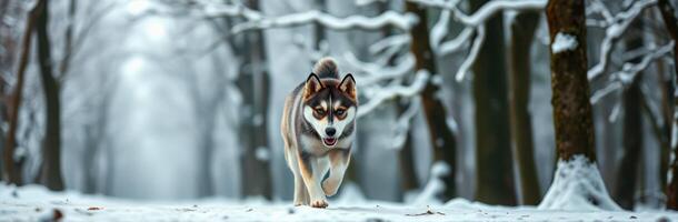 Snowy forest walk with a playful dog enjoying the winter landscape in a calm atmosphere photo