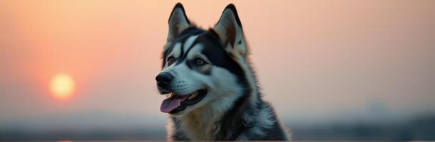 Siberian husky enjoys a sunset at a serene outdoor location photo