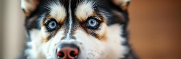 Beautiful husky with striking blue eyes sitting indoors, showcasing furry features and attentive expression during a cozy afternoon photo