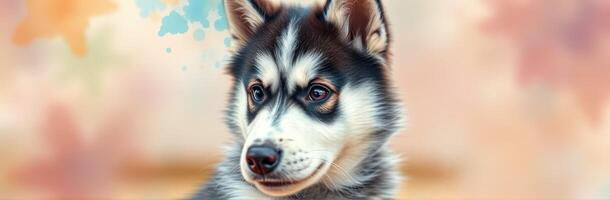 Adorable young husky dog with striking features and colorful background in a warm atmosphere photo