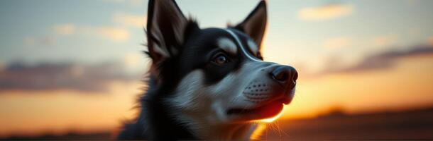 Beautiful husky dog enjoying sunset in a serene outdoor setting with colorful clouds photo