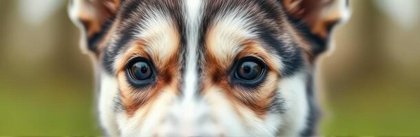 Close-up of a playful dog showcasing its striking blue and brown eyes in a natural setting during daylight photo