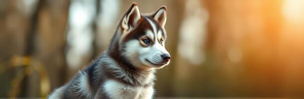Playful Siberian husky puppy enjoying a sunny afternoon in a lush outdoor setting with soft sunlight breaking through the trees photo