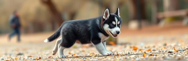 Playful husky puppy running on a leaf-covered path during autumn in a park setting photo