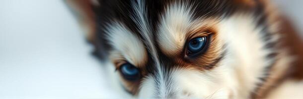 Close-up of a husky puppy with striking blue eyes exploring its environment in a bright indoor setting photo