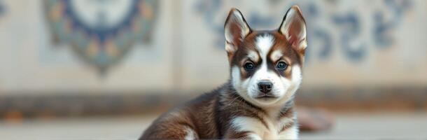 Playful husky puppy lounging on a sunny day in a courtyard with patterned tiles photo