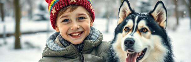 Smiling boy and husky dog enjoying a snowy day in the park during winter photo