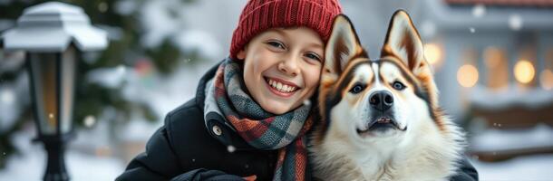 Smiling boy in winter attire poses happily with his dog in a snowy park during a cheerful snowfall photo