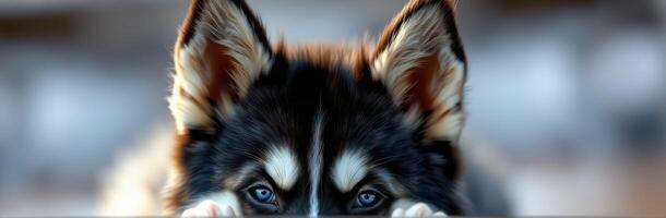 Curious husky puppy peeking over a surface with striking blue eyes at a cozy indoor setting photo