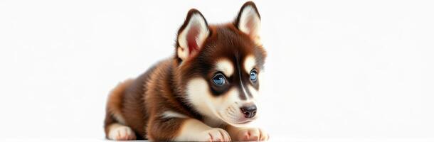 Adorable husky puppy with striking blue eyes resting calmly on a light background during a warm afternoon photo