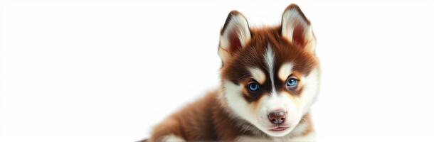 Cute puppy showcasing striking blue eyes and fluffy fur on a plain background during a studio photoshoot photo
