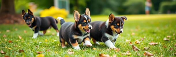 Playful corgi puppies exploring a sunny park with colorful foliage and joyful people nearby photo