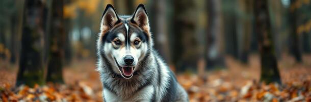 Siberian husky standing amidst autumn leaves in a serene forest during a cloudy day photo