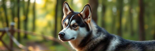 Beautiful husky standing in a lush green forest during the golden hour of sunset photo