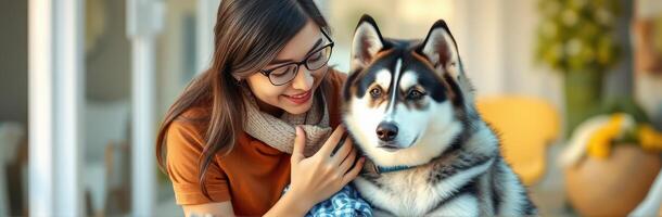 Woman interacting with a Siberian Husky in a cozy indoor setting during daytime photo